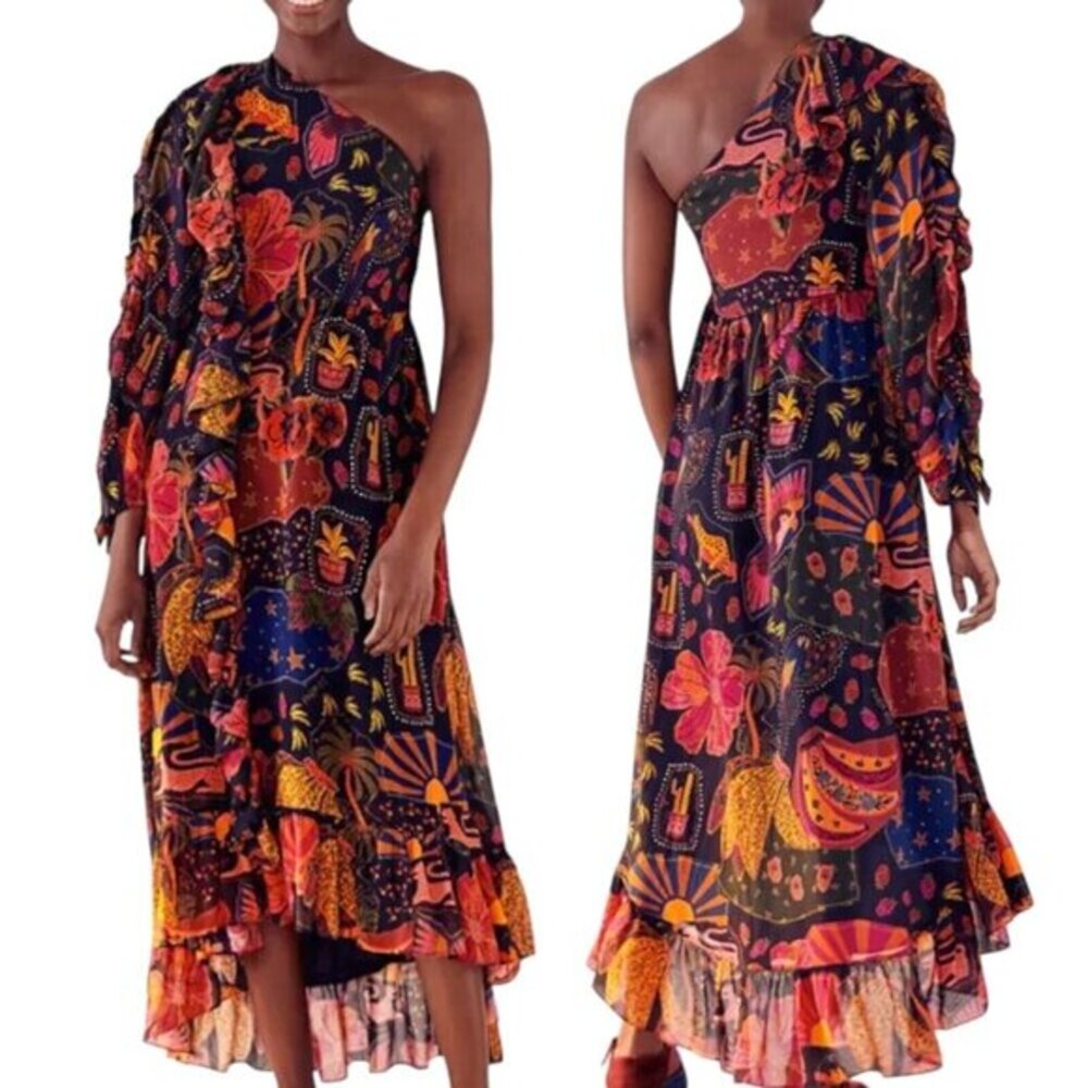 Farm Rio Crazy Mix One Shoulder Ruffle Hi Low Midi Sheer Sleeve Dress S NWT $280